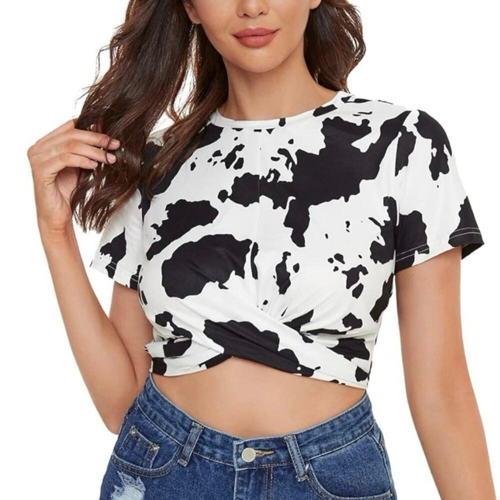 Women's Cow Animal Print Twist Front Funky Short Sleeve Crop Top Tee Shirt Sz S